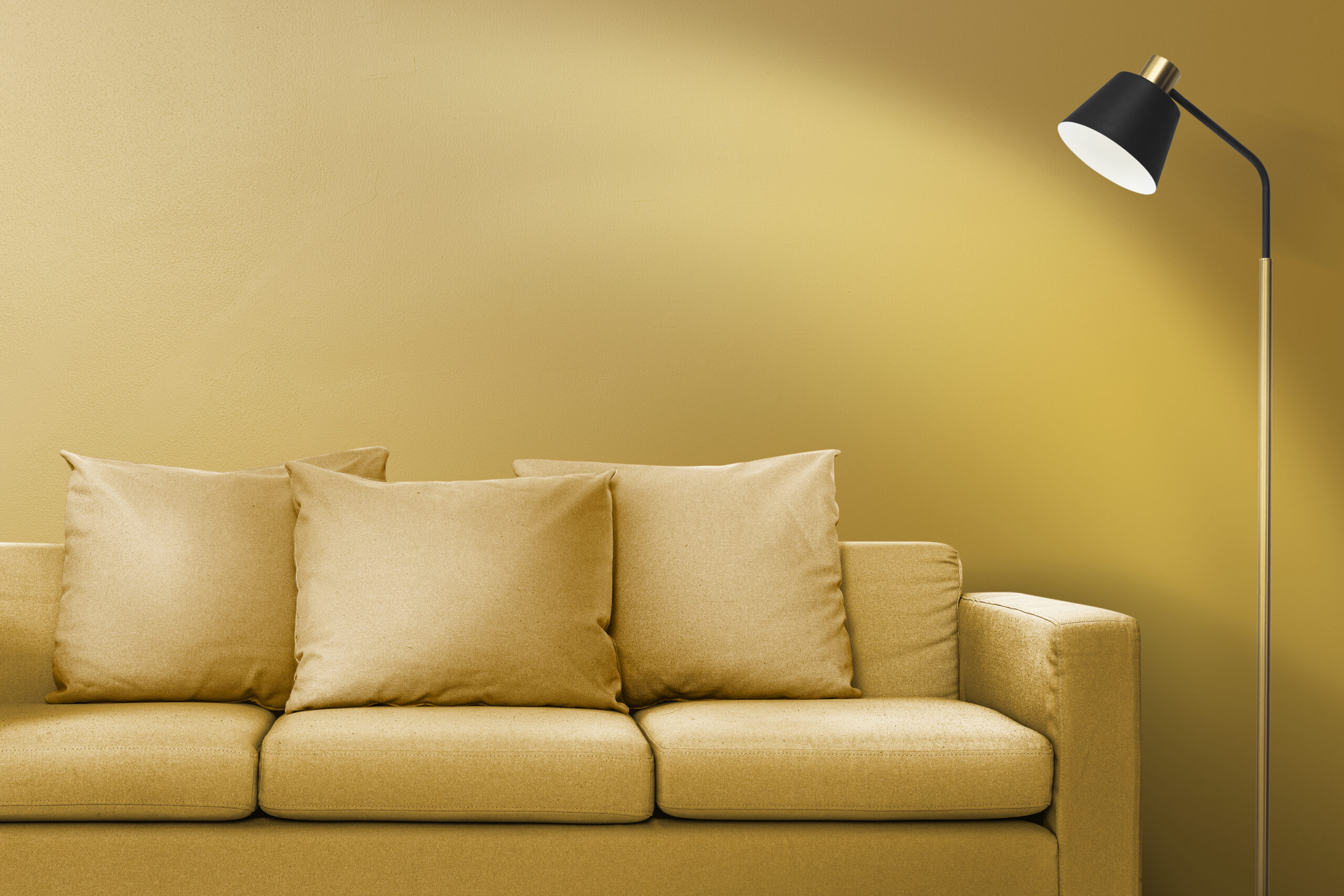 Contemporary living room interior design with a yellow sofa
